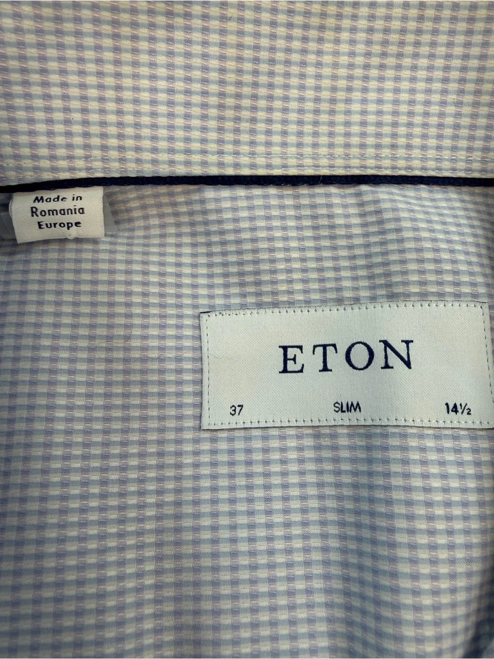 Eton Men's Slim-Fit Blue Micro Check Dobby Dress Shirt Size 14.5 | 37 LS Cotton